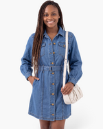Beach Rose Co. blue denim-look shirt dress with a collared neckline, button front, and matching D-ring belt.