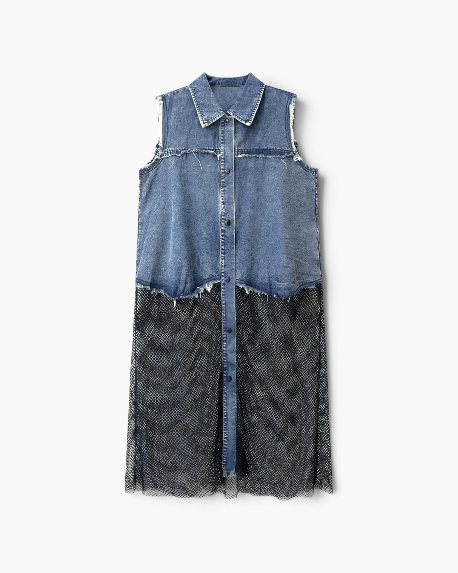 Beach Rose Co. sleeveless denim shirt dress with a raw-edge bodice and a sheer black mesh skirt overlay.