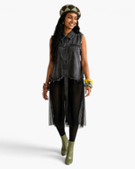 Beach Rose Co. sleeveless denim shirt dress with a sheer mesh skirt, raw edges, and button-front detail on a model.