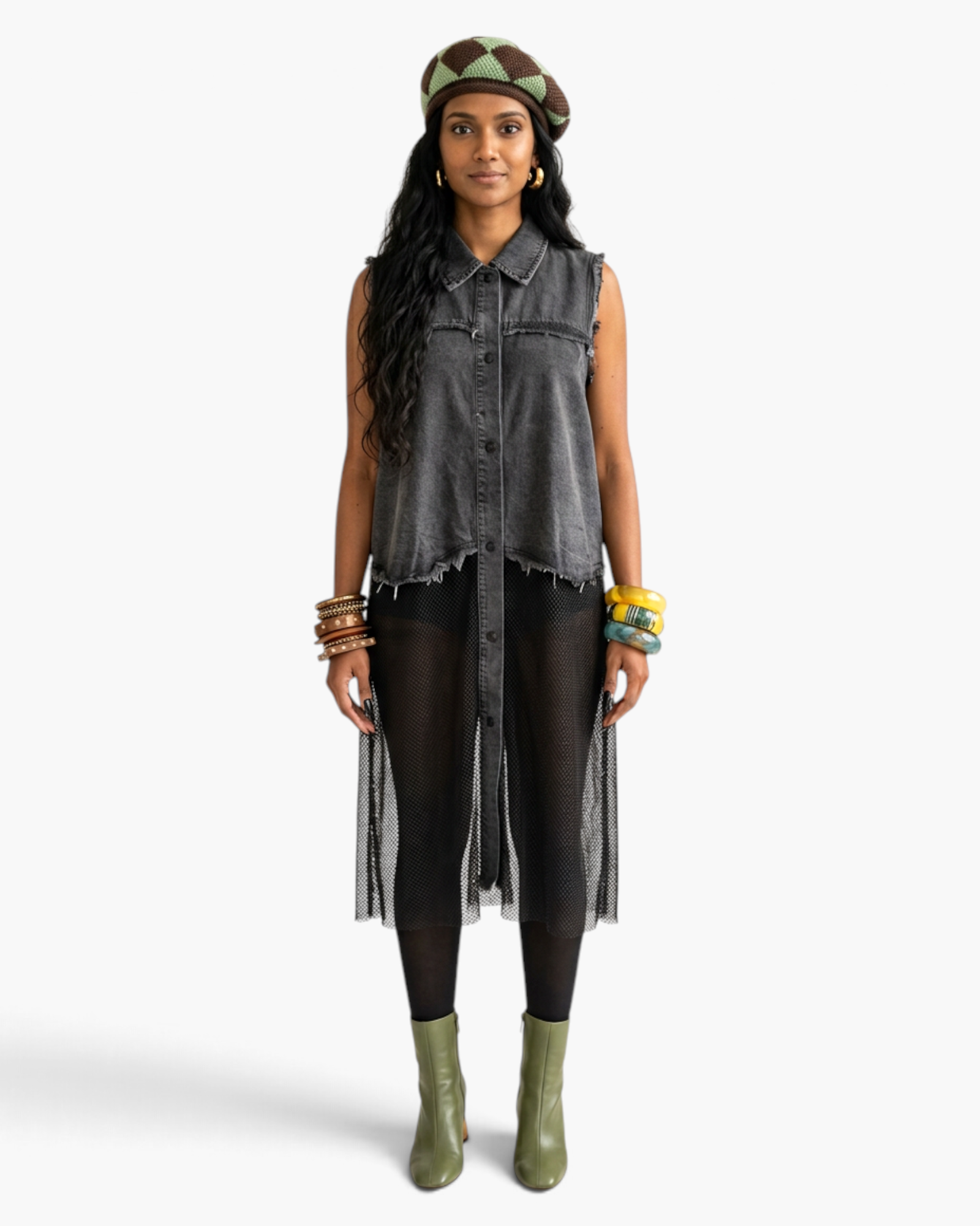 Beach Rose Co. sleeveless shirt dress featuring a grey denim bodice with raw edges and a sheer black mesh skirt.
