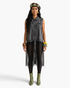 Beach Rose Co. sleeveless shirt dress featuring a grey denim bodice with raw edges and a sheer black mesh skirt.