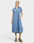 Beach Rose Co. light wash denim midi dress with collared neckline, short sleeves, side pockets, and frayed hem.