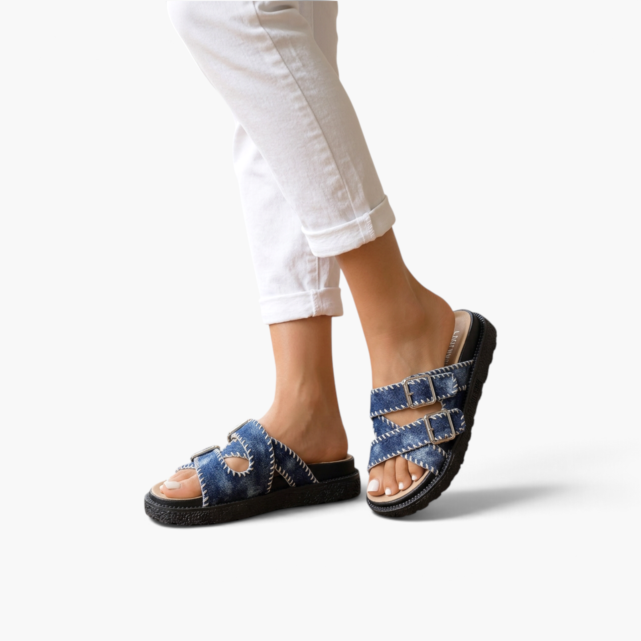 Beach Rose Co. denim blue platform sandals with crisscross straps, adjustable buckles, and contrast whipstitching.