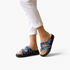 Beach Rose Co. denim blue platform sandals with crisscross straps, adjustable buckles, and contrast whipstitching.