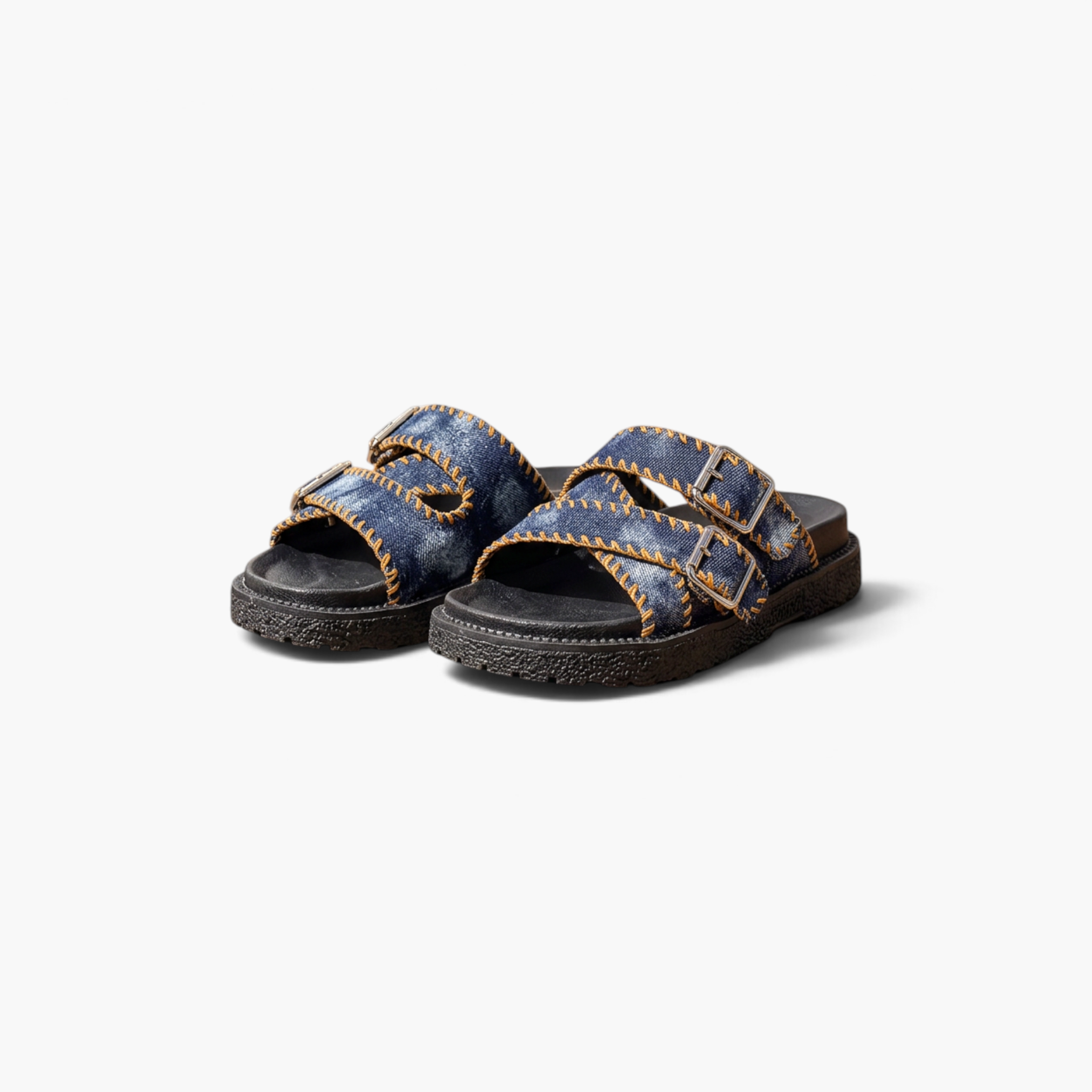 Beach Rose Co. denim blue platform sandals with crisscross straps, contrast whipstitching, and adjustable buckles.