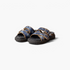 Beach Rose Co. denim blue platform sandals with crisscross straps, contrast whipstitching, and adjustable buckles.