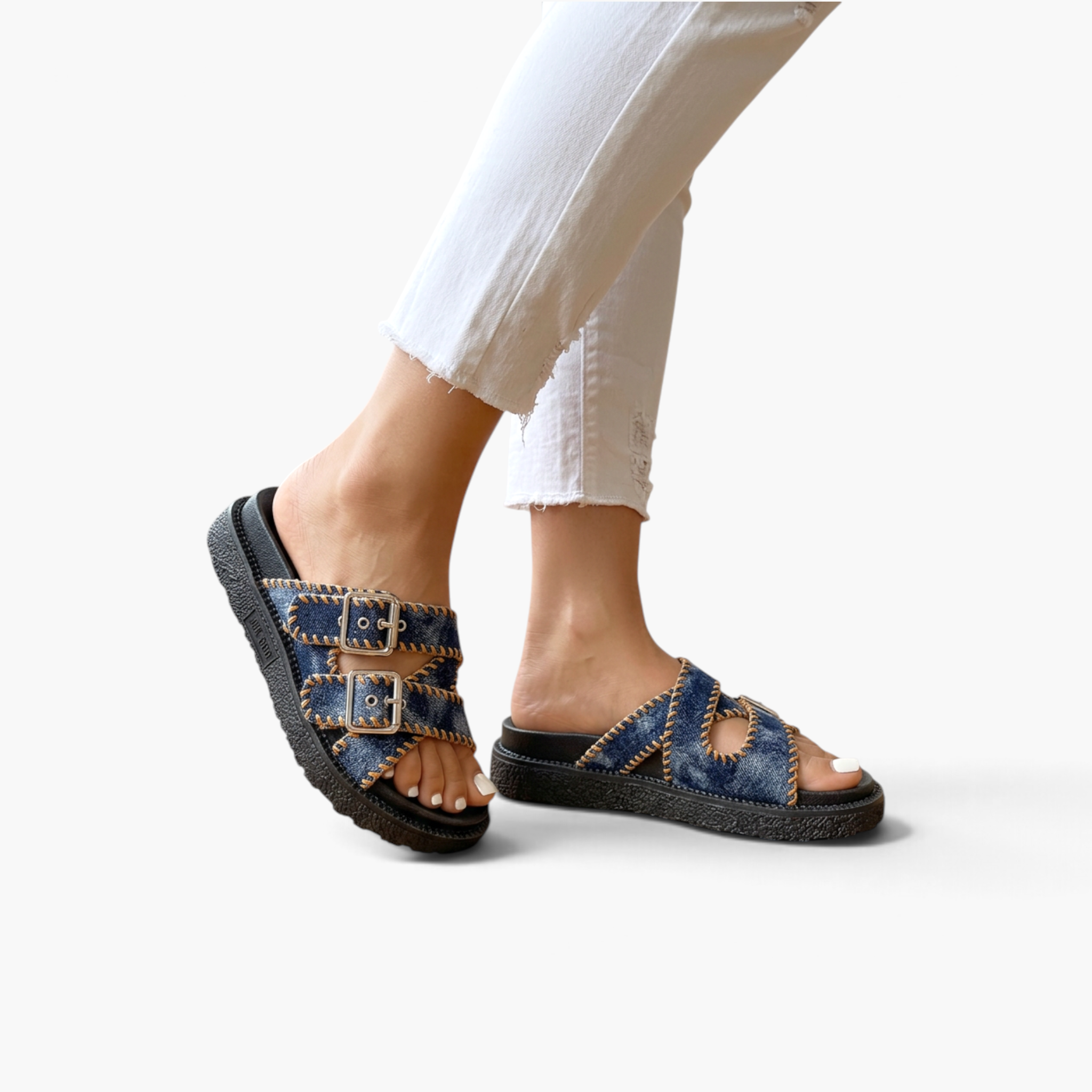 Beach Rose Co. denim blue platform sandals with crisscross straps, contrast whipstitching, and adjustable buckles.