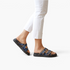 Beach Rose Co. denim blue platform sandals with crisscross straps, adjustable buckles, and contrast whipstitch detail.