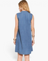 Beach Rose Co. medium wash denim sleeveless A-line dress with a split neckline, back view on a model.