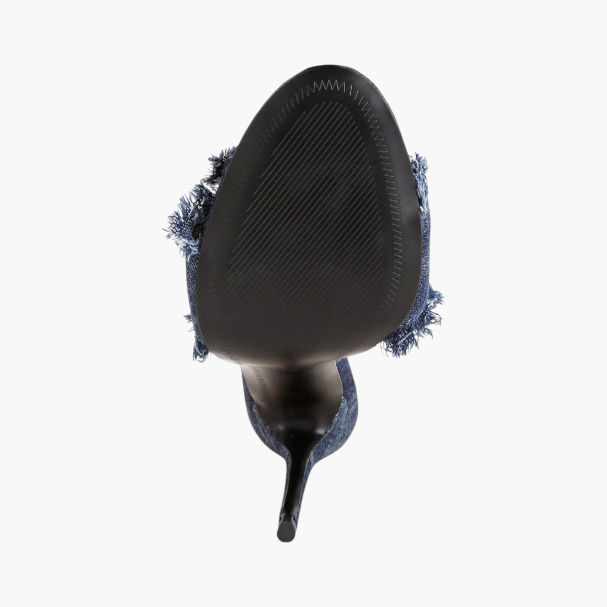 Beach Rose Co. distressed denim stiletto mule viewed from the bottom showing the black textured outsole and heel.