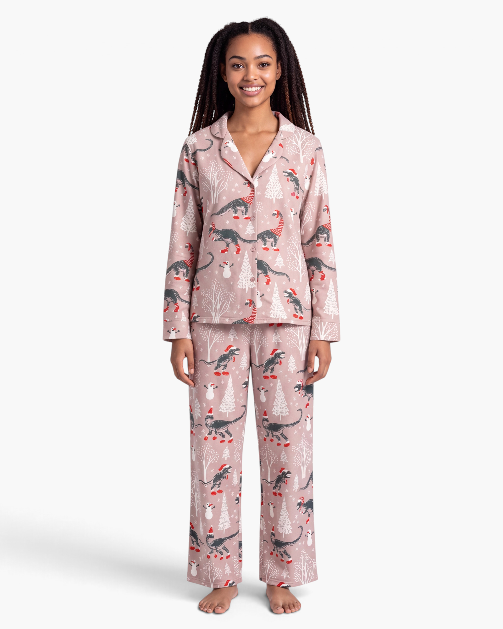 Beach Rose Co. taupe pajama set with festive dinosaur print, featuring button-front top and matching long pants.