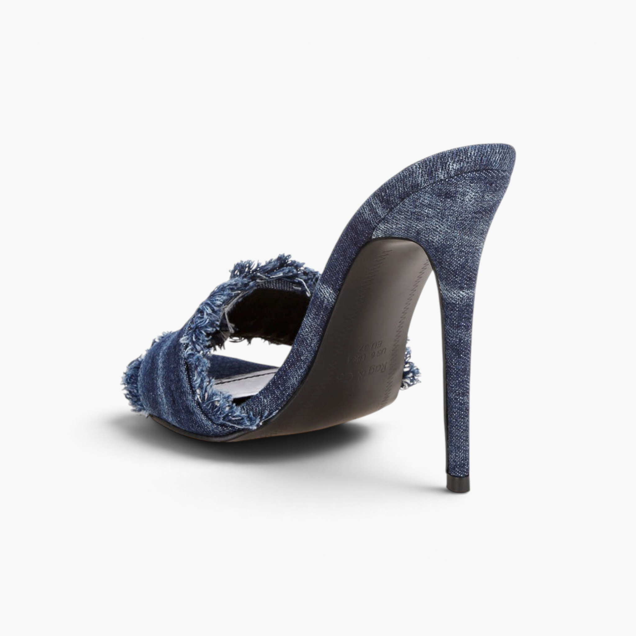 Beach Rose Co. distressed blue denim stiletto mules with frayed edges and high heel, rear view