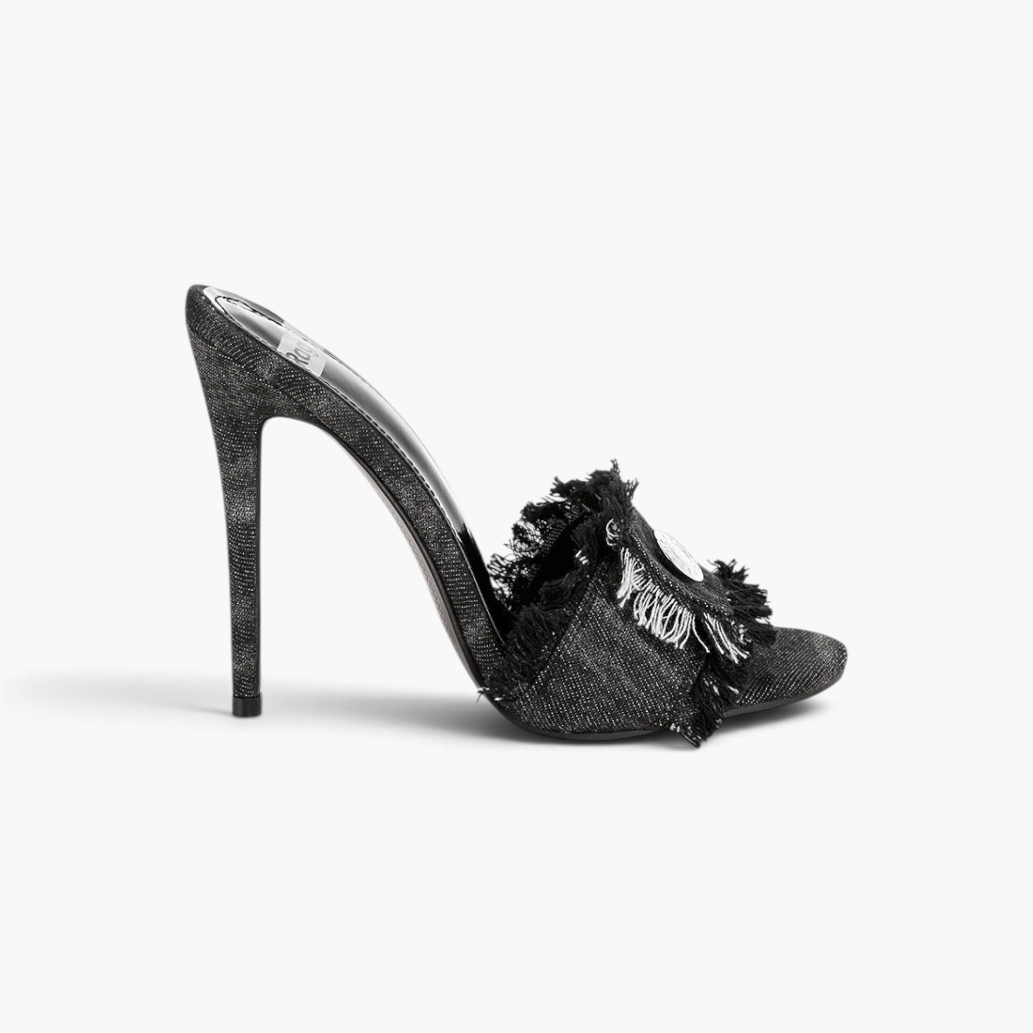 Beach Rose Co. black distressed denim stiletto mules with frayed edges, decorative button, and open toe side view.