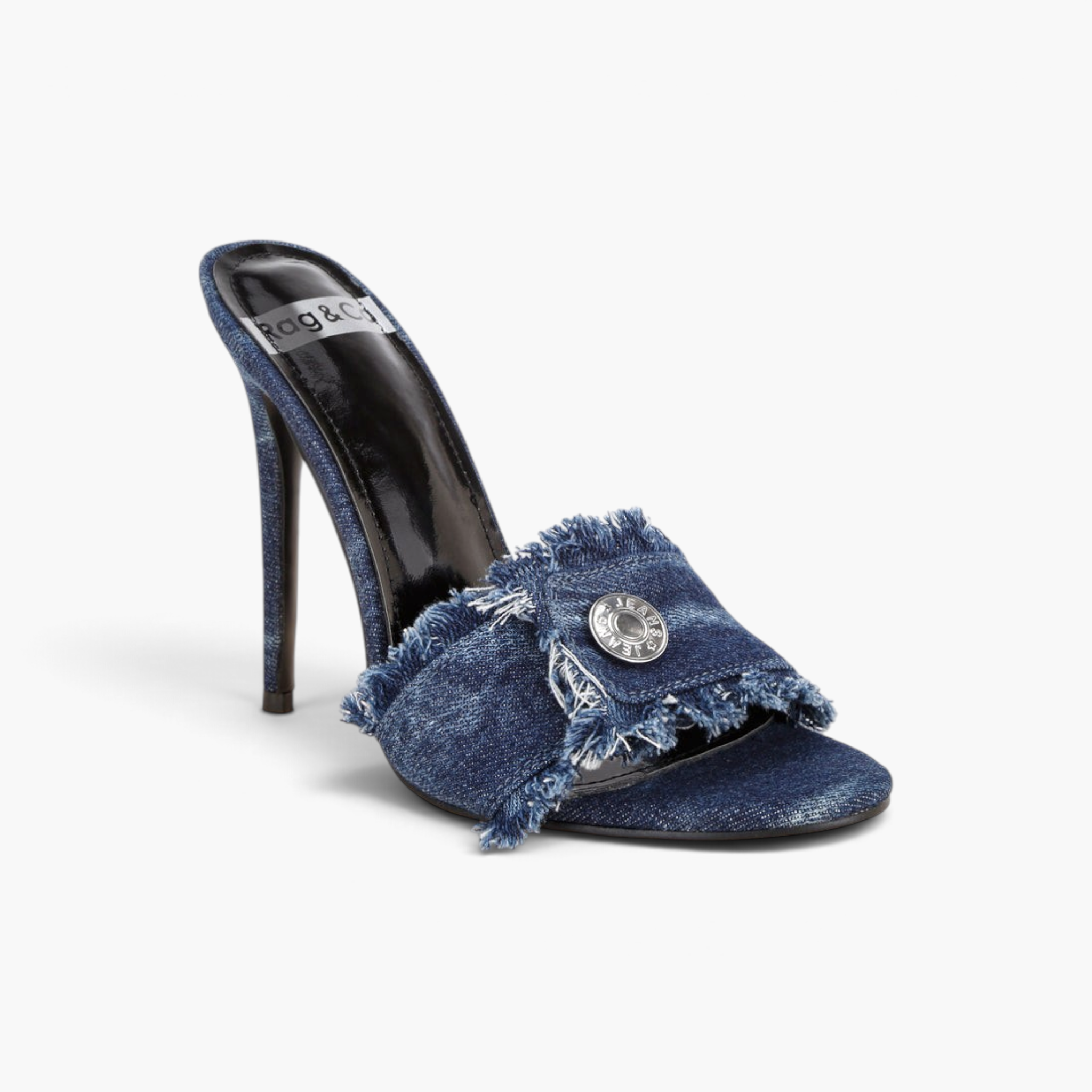 Beach Rose Co. distressed denim stiletto mules with frayed edges, decorative button, and open toe design.