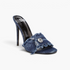Beach Rose Co. distressed denim stiletto mules with frayed edges, decorative button, and open toe design.