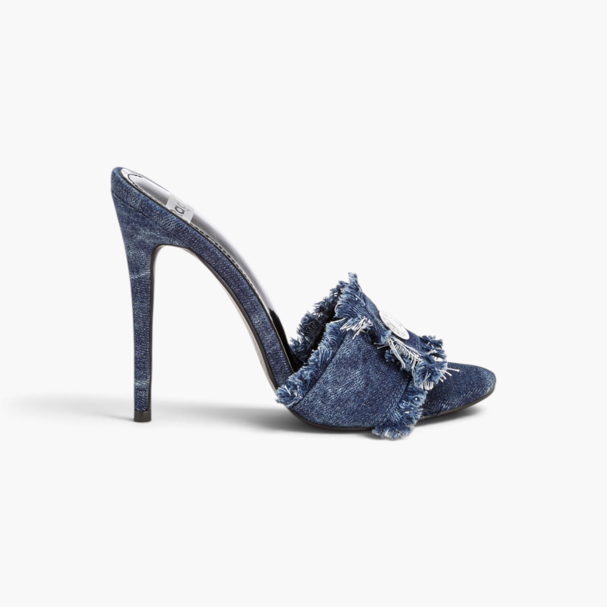 Beach Rose Co. distressed blue denim stiletto mules with frayed edges, decorative button, and open round toe.