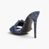 Beach Rose Co. distressed blue denim stiletto mules with frayed edges and high heel, rear view