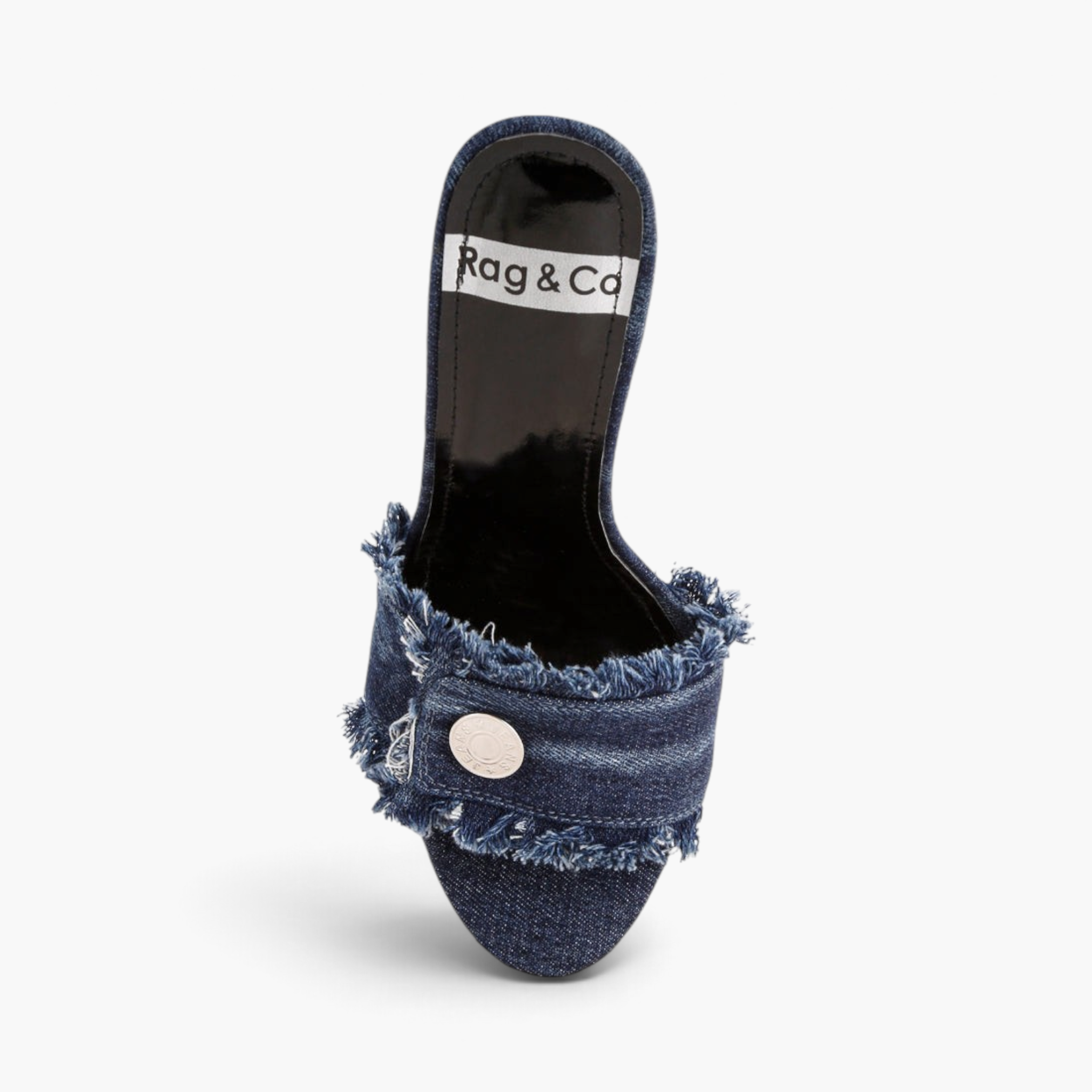 Beach Rose Co. distressed blue denim stiletto mules with frayed edges, decorative button, and open toe design.