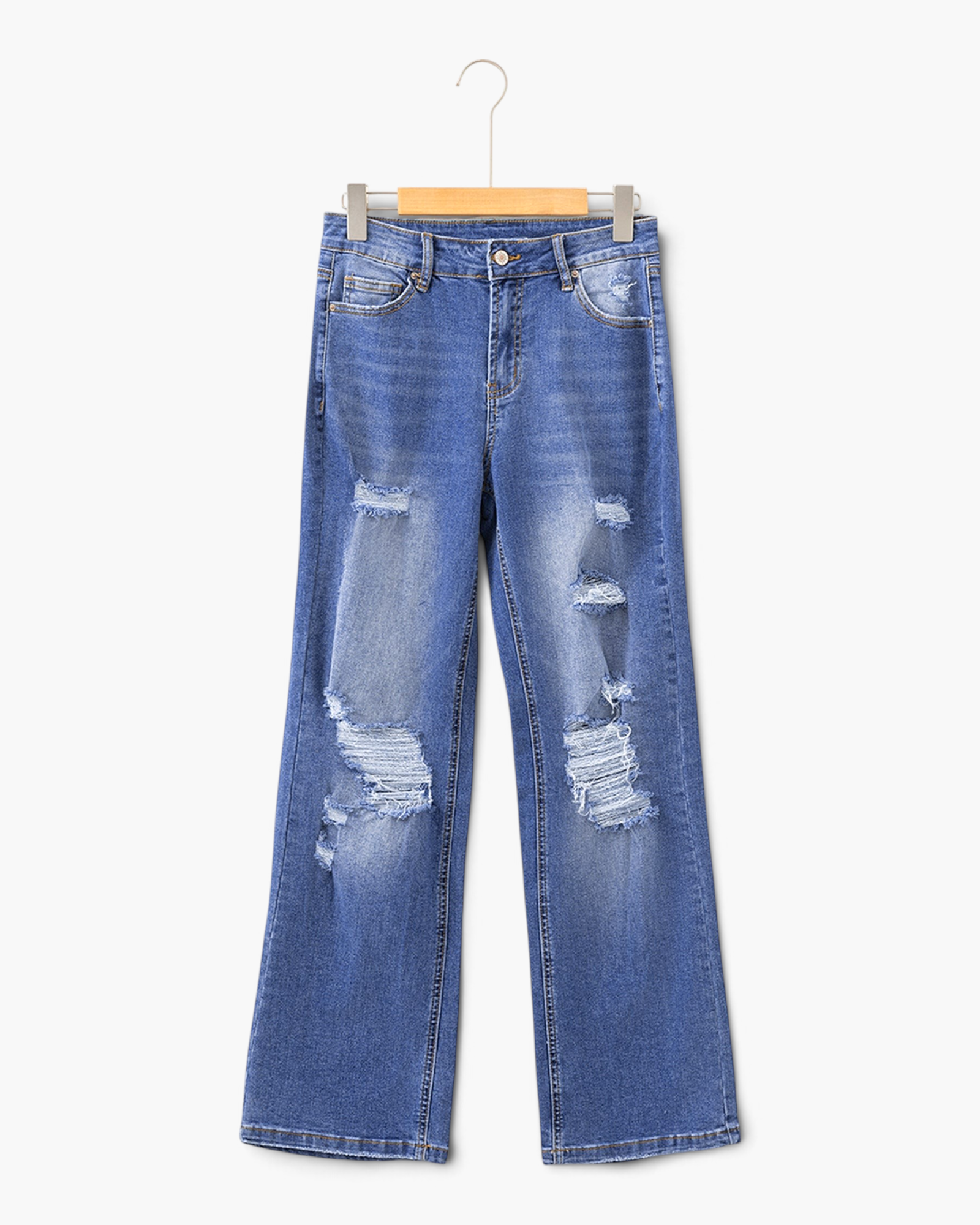 Beach Rose Co. medium wash mid-rise straight leg jeans with distressed frayed rips and five-pocket design