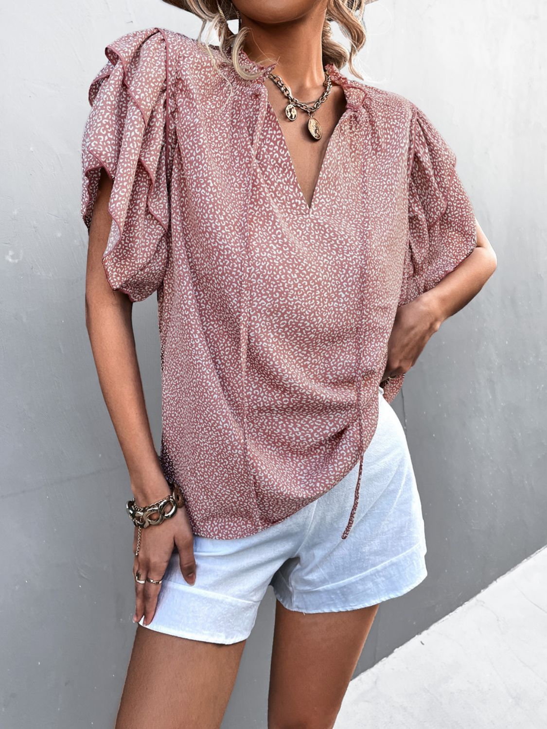 Beach Rose Co. - Ditsy Dot Print Flutter Sleeve Tie Neck Top