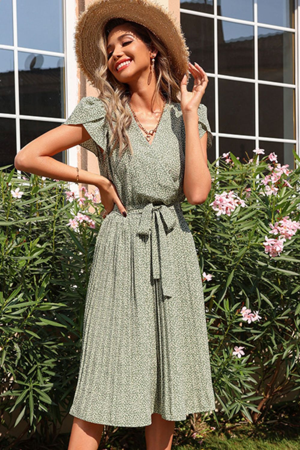 Beach Rose Co. - Ditsy Floral Pleated Below Knee Wrap Dress in Sage