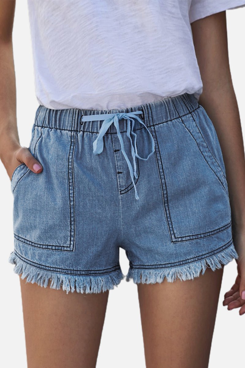 Beach Rose Co. - Drawstring Waist Frayed Denim Shorts