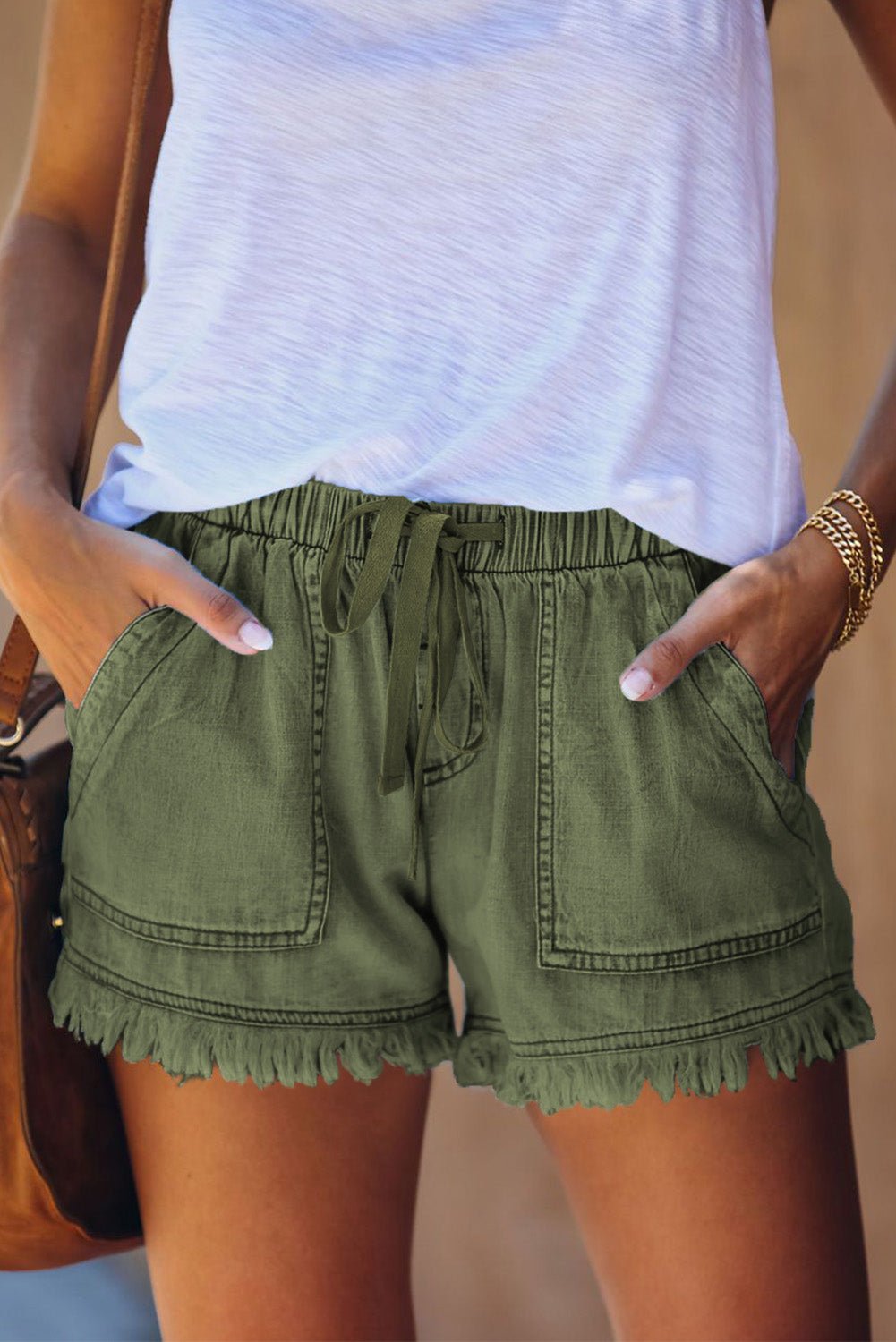 Beach Rose Co. - Drawstring Waist Frayed Denim Shorts