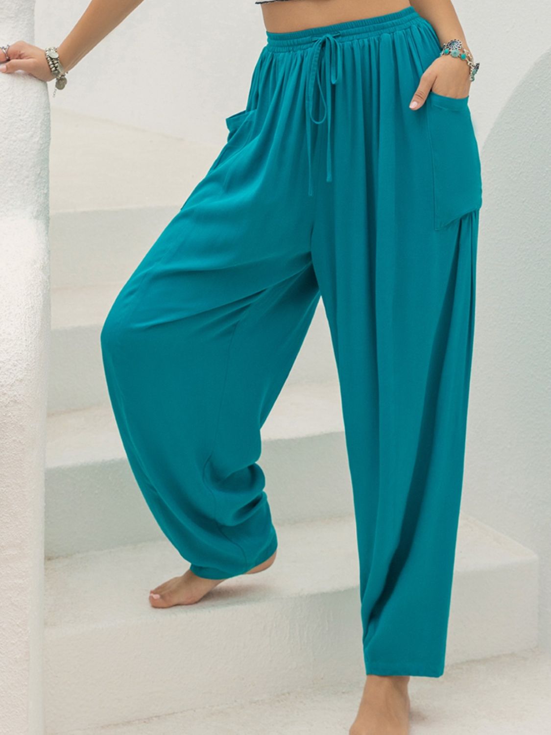 Beach Rose Co. - Drawstring Waist Wide Leg Pants with Pockets in Teal