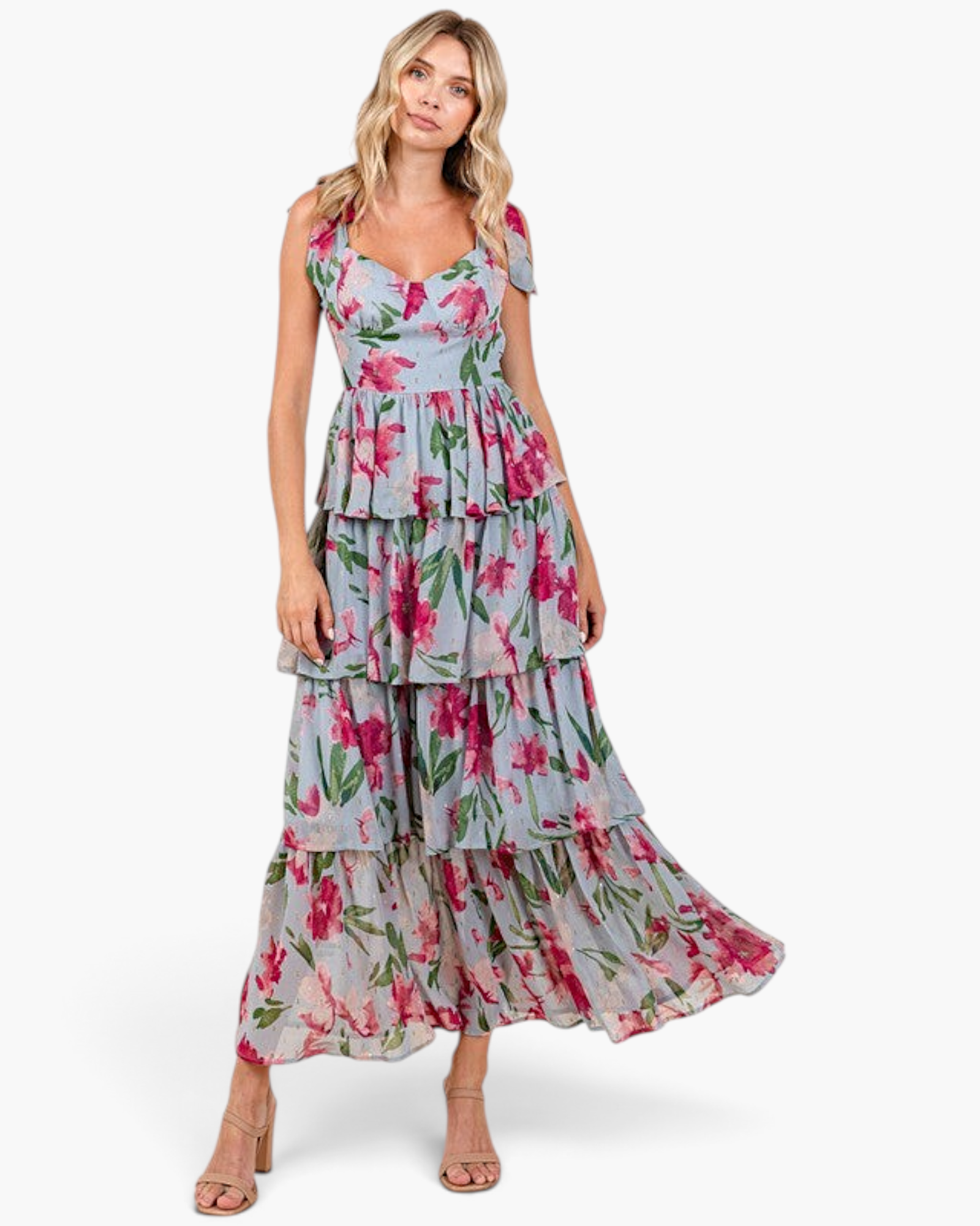 Beach Rose Co. dusty blue maxi dress with pink floral print, sweetheart neckline, shoulder ties, and ruffled tiers.