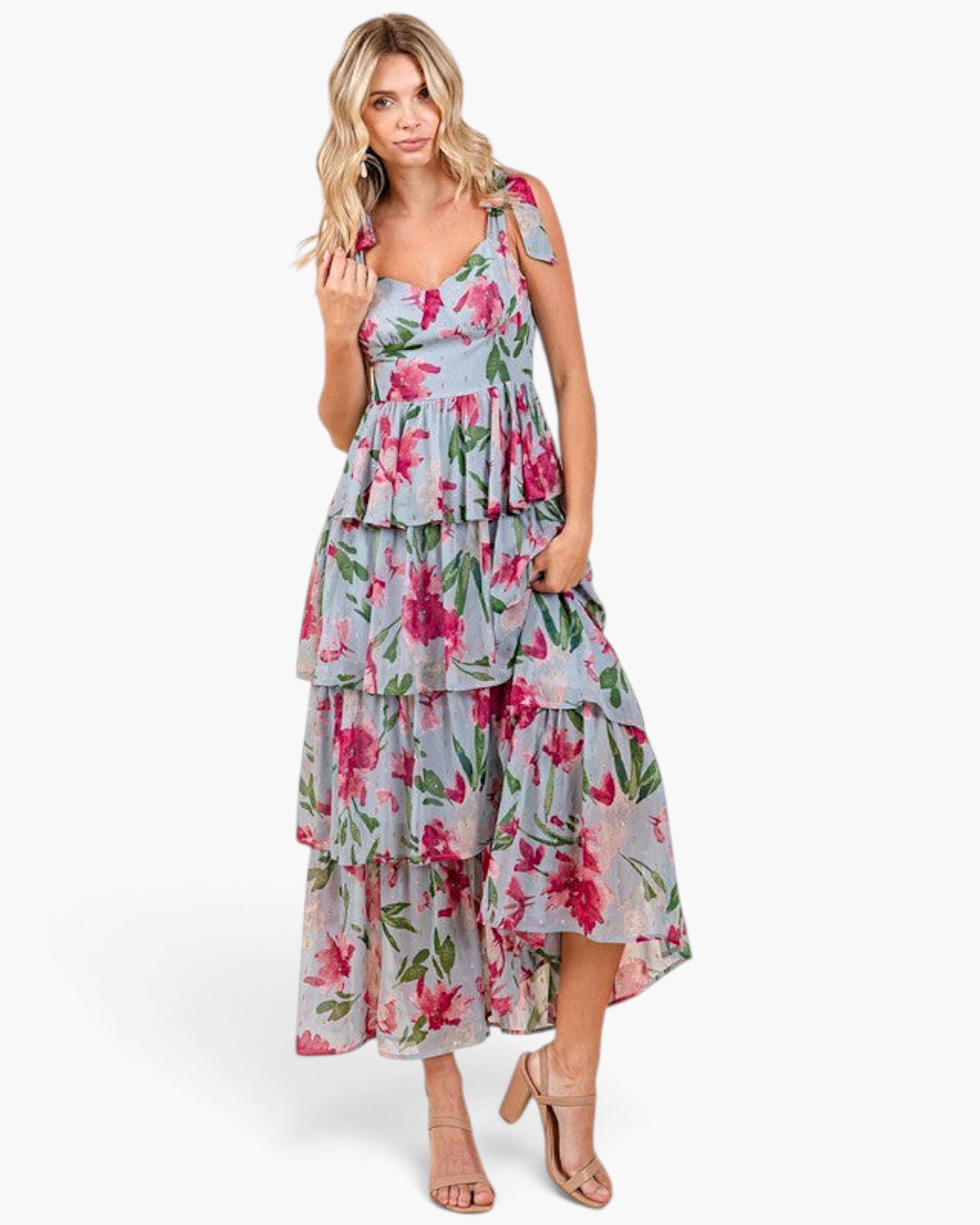 Beach Rose Co. dusty blue maxi dress with pink floral print, sweetheart neckline, shoulder ties, and ruffled tiers.