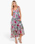 Beach Rose Co. dusty blue maxi dress with pink floral print, sweetheart neckline, shoulder ties, and ruffled tiers.