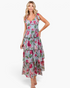 Beach Rose Co. dusty blue maxi dress with pink floral print, sweetheart neckline, shoulder ties, and ruffled tiers.