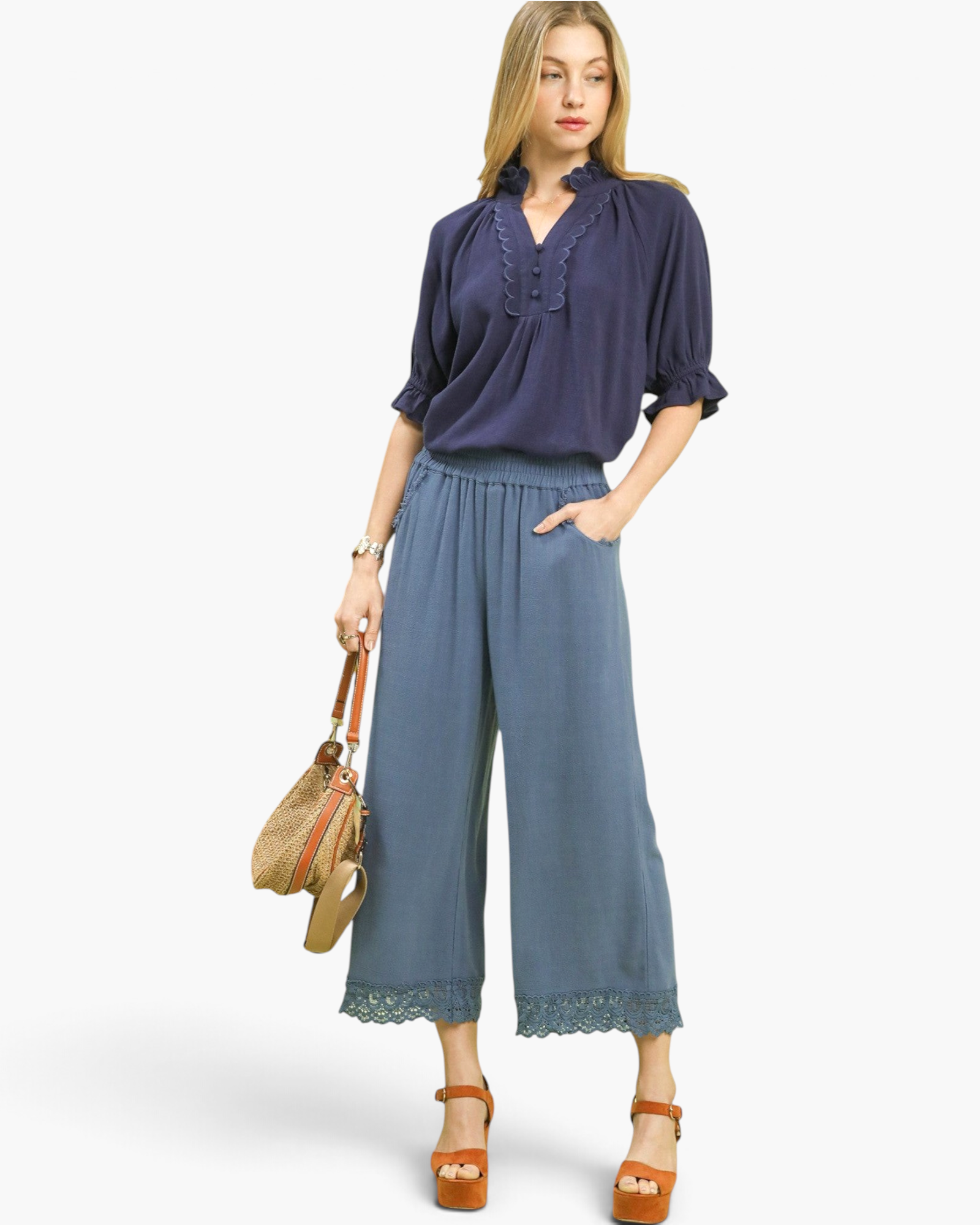Beach Rose Co. dusty blue wide-leg cropped linen blend pants with scalloped lace hem and elastic waistband