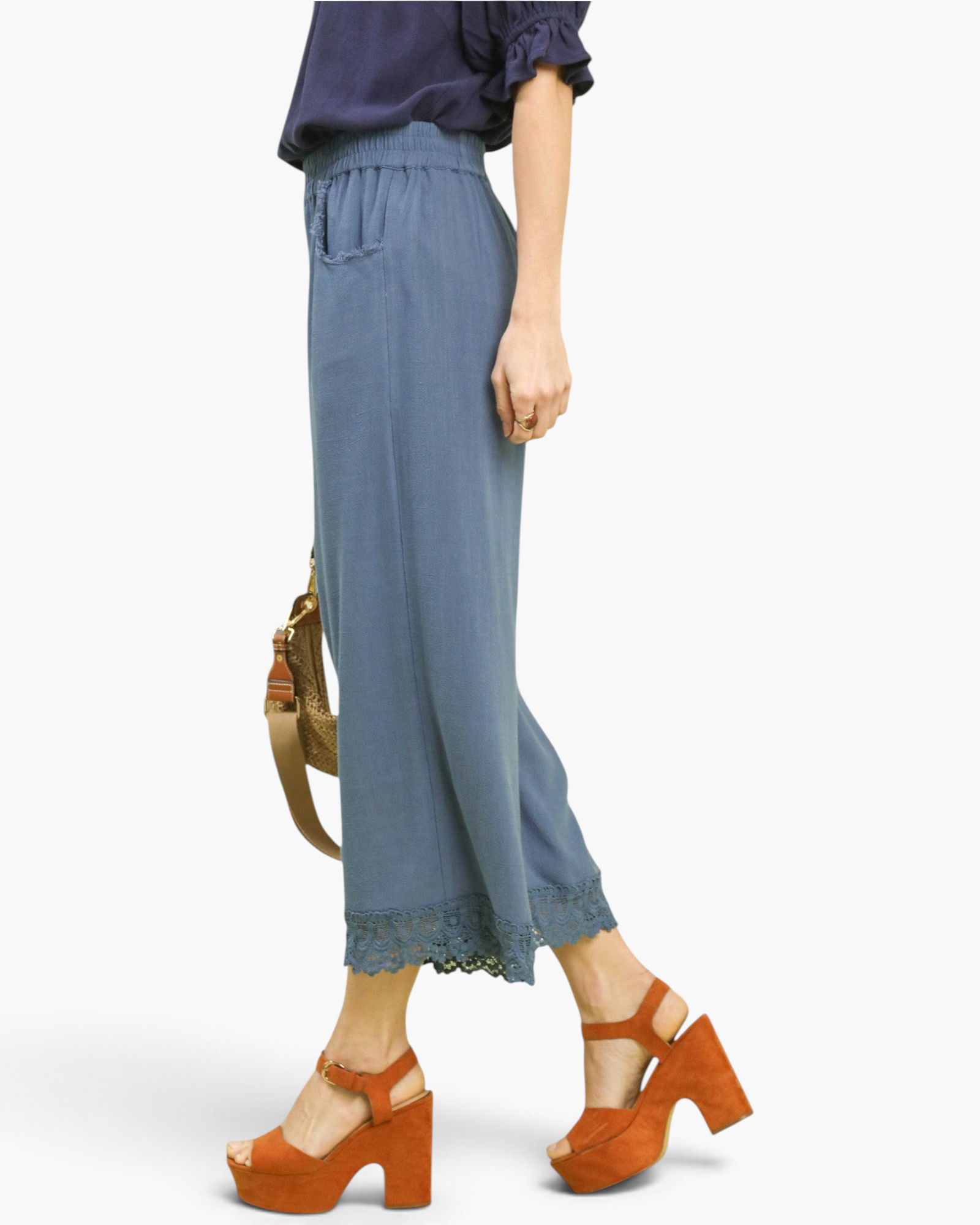 Beach Rose Co. dusty blue wide-leg linen blend cropped pants with scalloped lace hem and frayed pocket detail