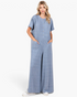 Beach Rose Co. dusty blue wide-leg jumpsuit with button-front, short sleeves, and patch pockets on a model