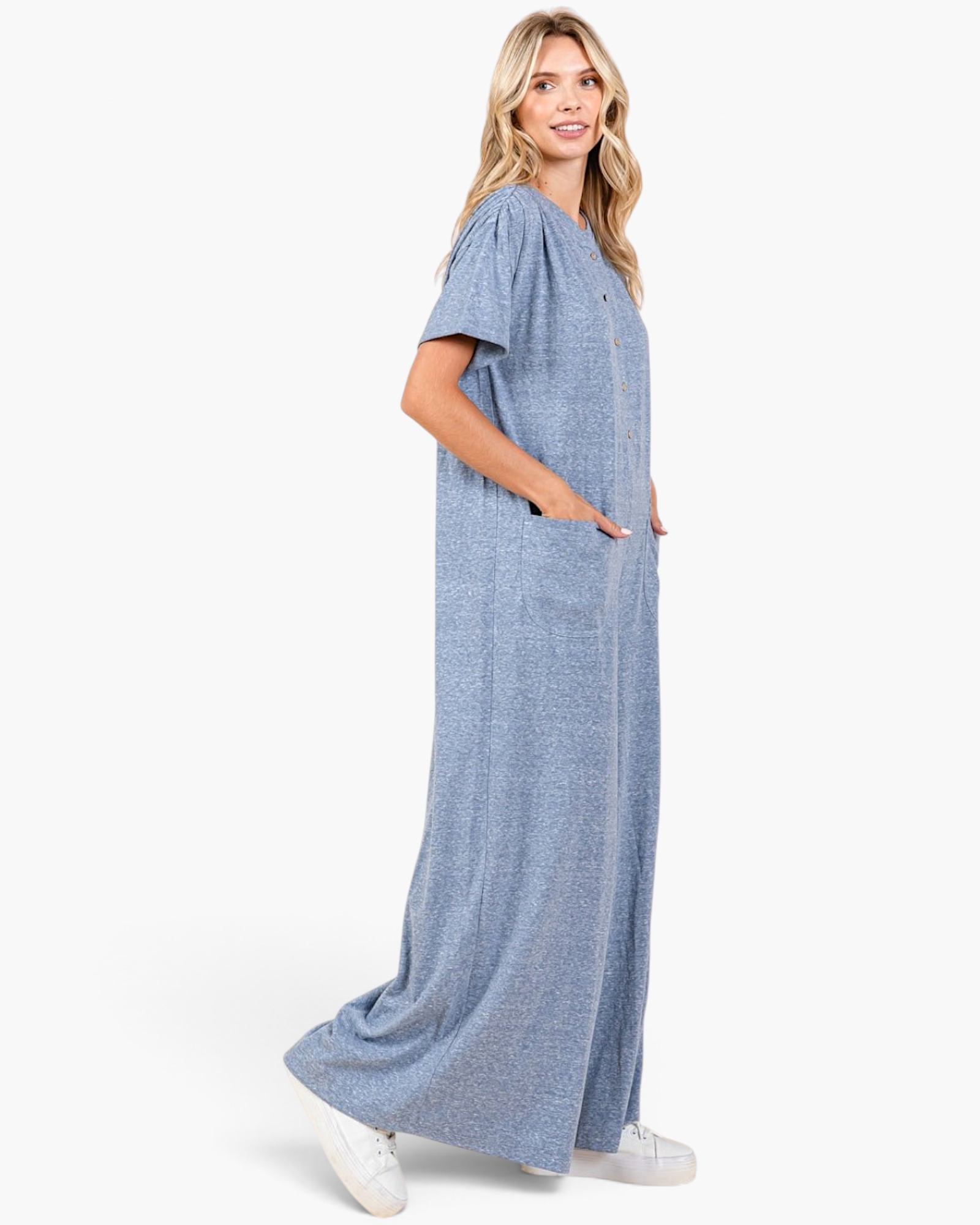 Beach Rose Co. dusty blue wide-leg jumpsuit with button-front, patch pockets, and short sleeves on a blonde model