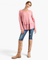 Beach Rose Co. dusty rose cotton tunic with dolman sleeves, lace trim, and tiered ruffle hem worn with jeans and boots