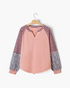 Beach Rose Co. dusty rose raglan top with mixed burgundy stripes and blue-gray floral print long balloon sleeves.