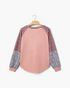 Beach Rose Co. dusty rose raglan top featuring mixed burgundy stripes and blue-gray floral print long balloon sleeves.