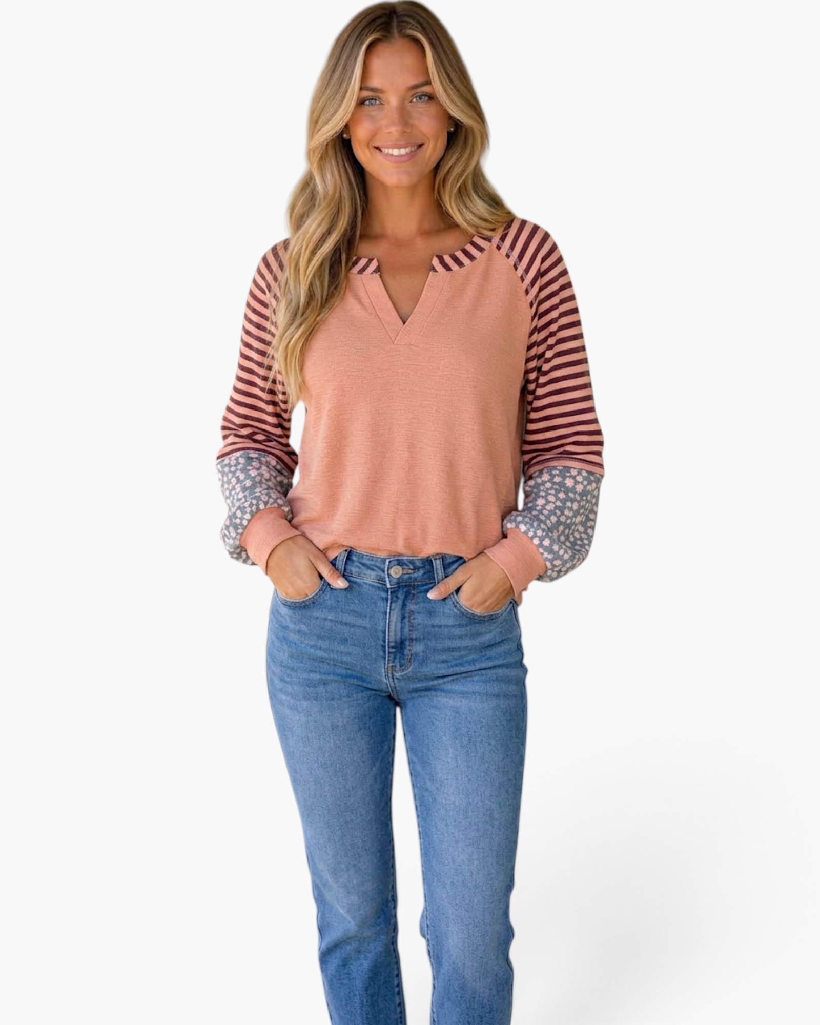 Beach Rose Co. dusty rose raglan top with mixed stripe and floral prints, notched V-neck, and long balloon sleeves.