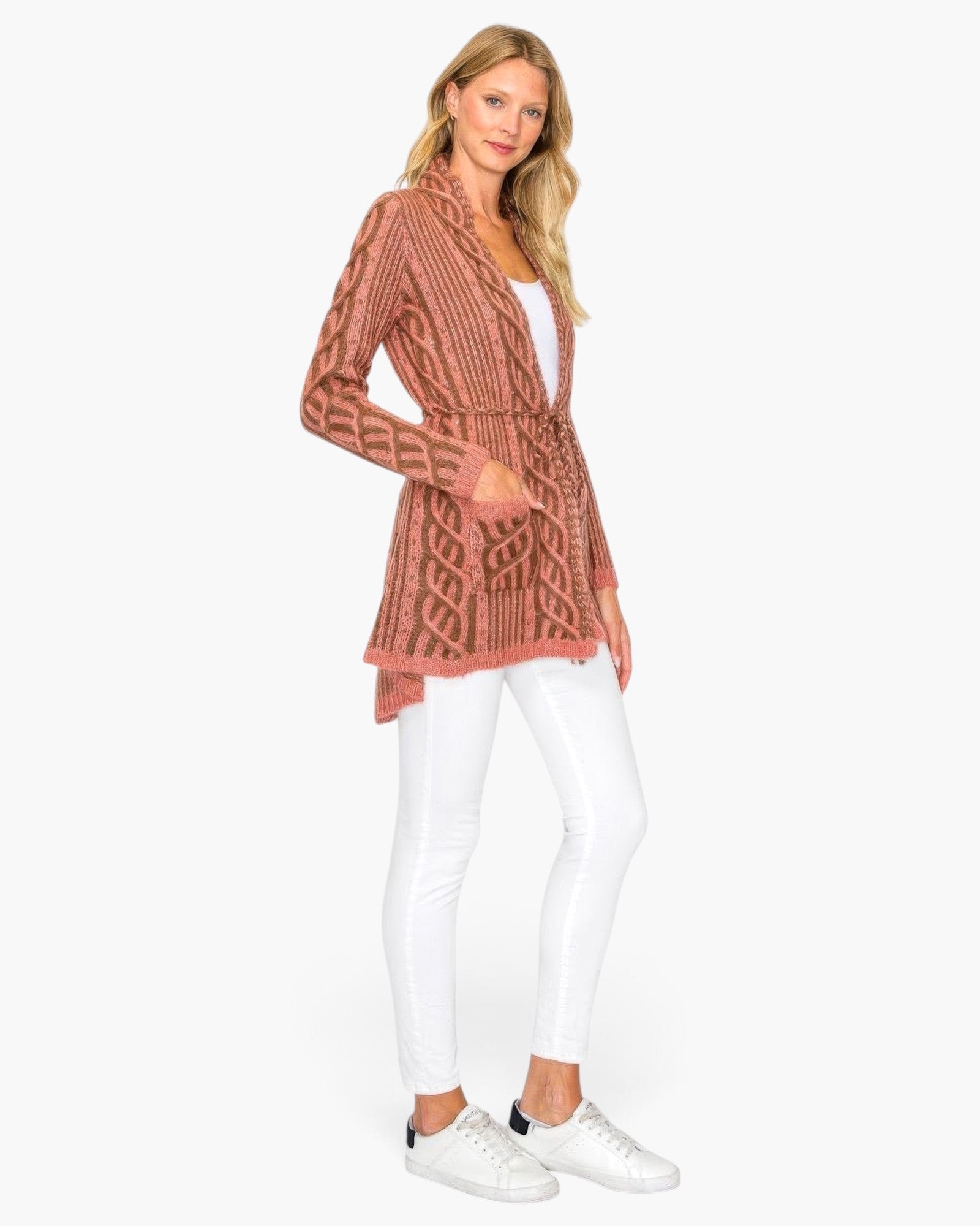 Beach Rose Co. open-front wool blend cardigan in dusty rose with cable knit pattern, belt, and front pockets.