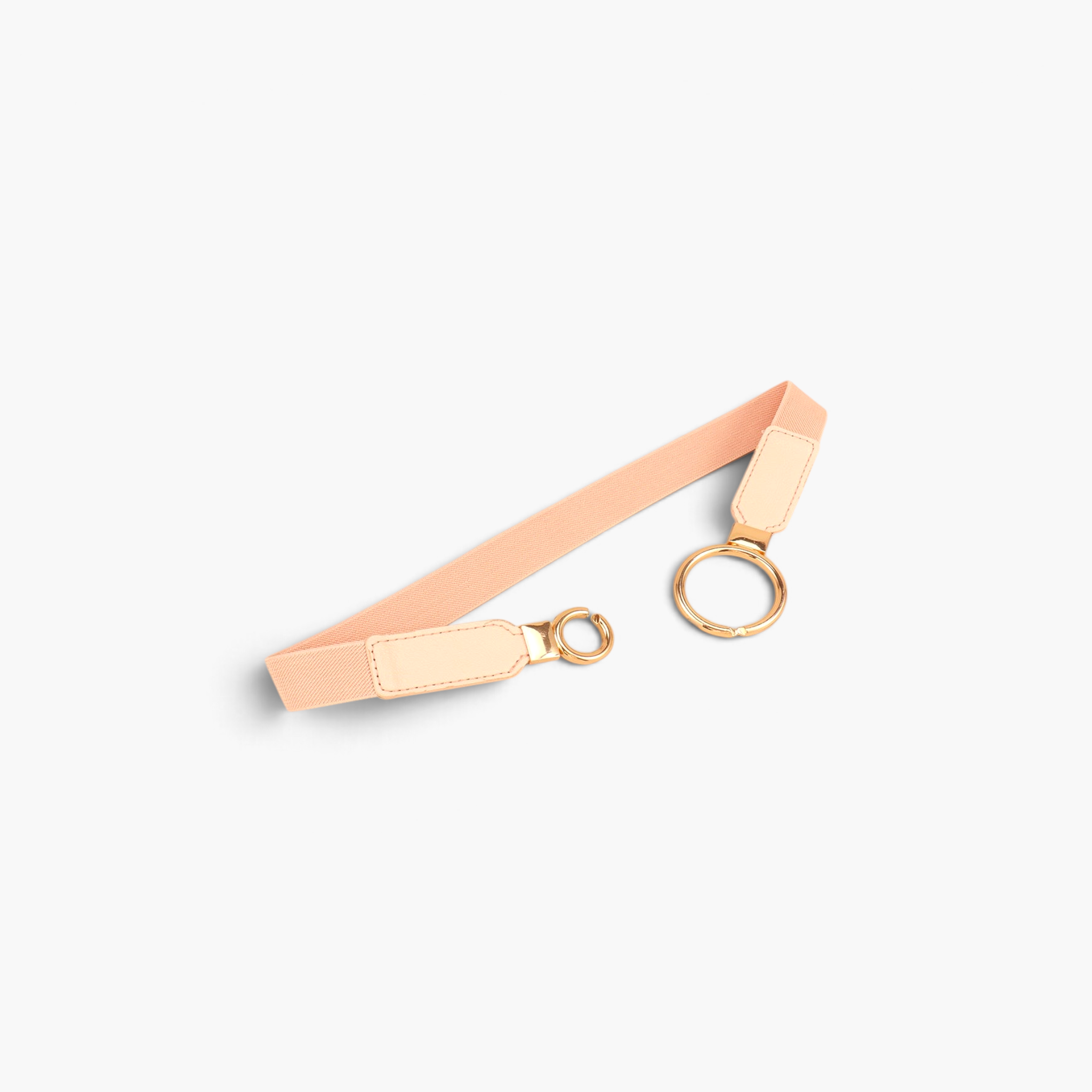 Beach Rose Co. slim elastic waist belt in peach with asymmetric interlocking gold-tone alloy rings and PU tabs.