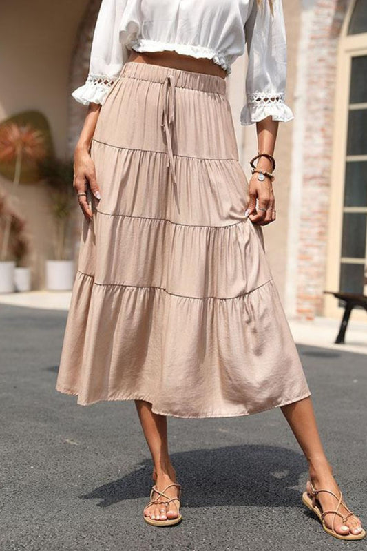 Beach Rose Co. - Elastic Waist Tiered Midi Skirt in Khaki