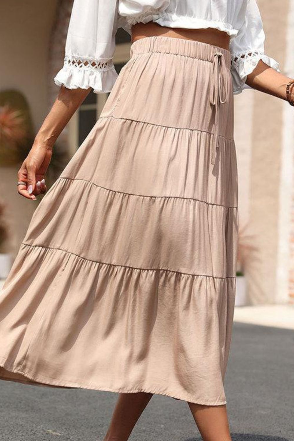 Beach Rose Co. - Elastic Waist Tiered Midi Skirt in Khaki