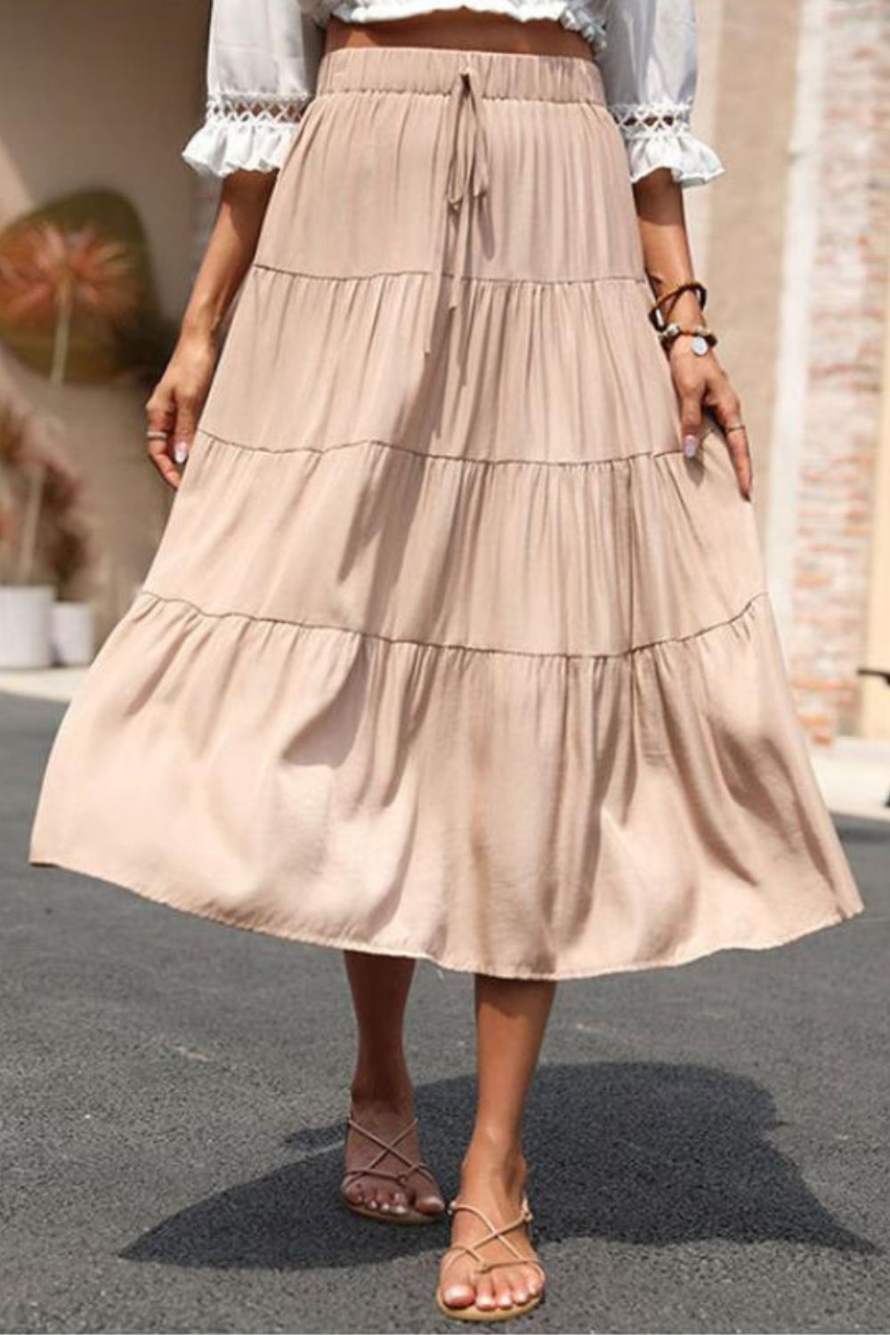 Beach Rose Co. - Elastic Waist Tiered Midi Skirt in Khaki