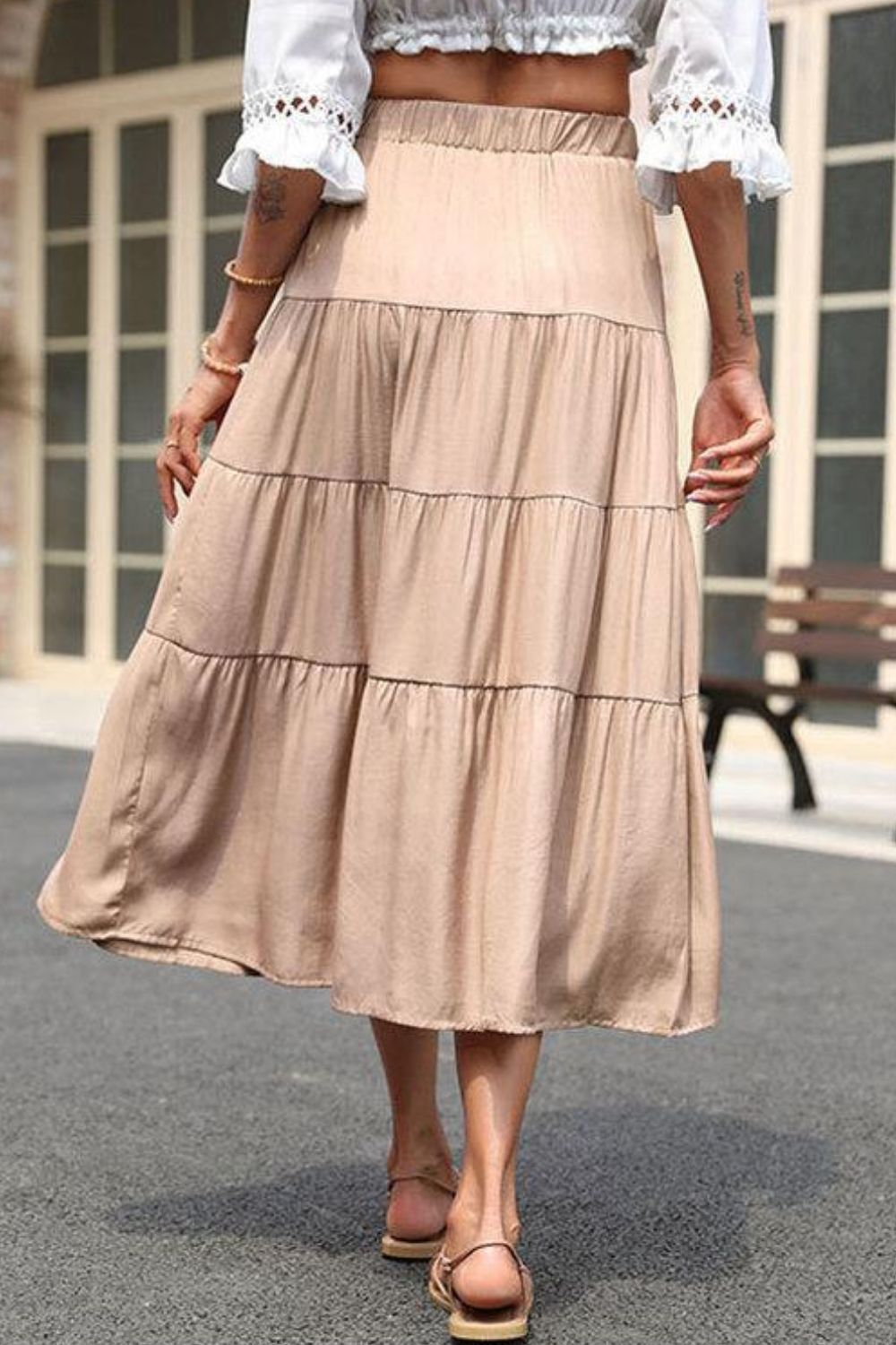 Beach Rose Co. - Elastic Waist Tiered Midi Skirt in Khaki