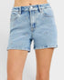 Beach Rose Co. light wash denim shorts with white embroidered floral details, high-rise, and short length.