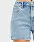Beach Rose Co. light wash denim shorts with white embroidered floral details, high-rise fit, and short length.