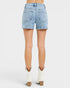 Beach Rose Co. light wash denim shorts with white embroidered floral details, high-rise fit, and short length.