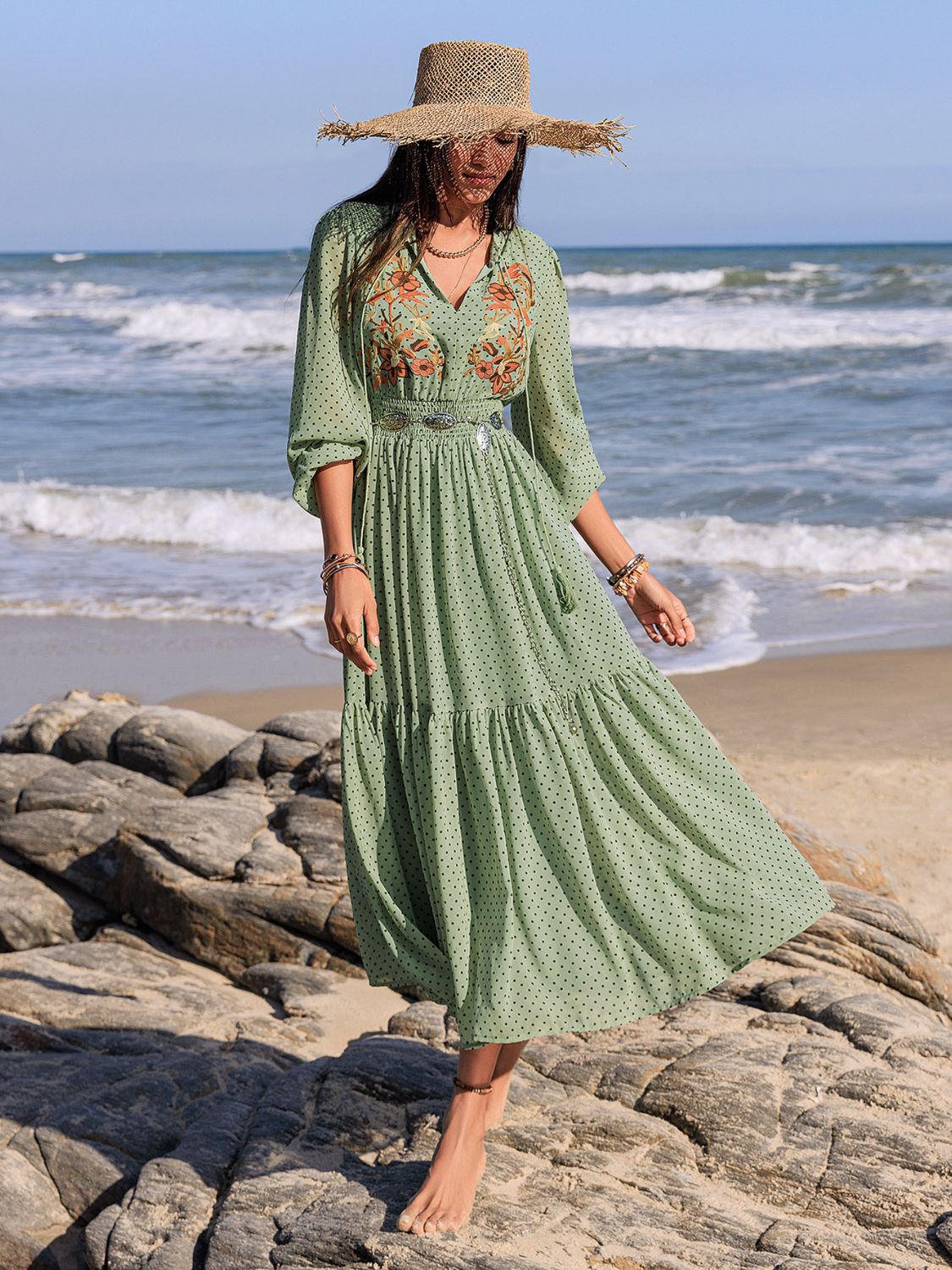 Beach Rose Co. - Embroidered Polka Dot Long Sleeve Midi Dress